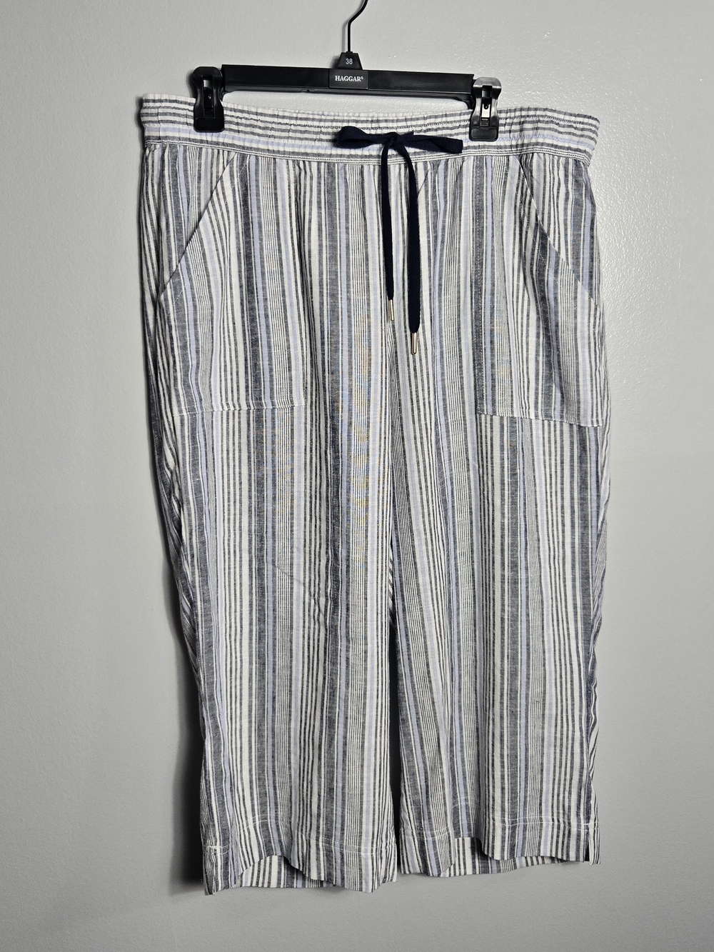 Land 'n sea Blue White Stripe Linen Blend Drawstring Elastic Capri Crop Pants 2X